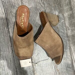 Mariella Italy Suede Mule Heels Tan Open Toe Block Heel Slides Size 7.5 NWT